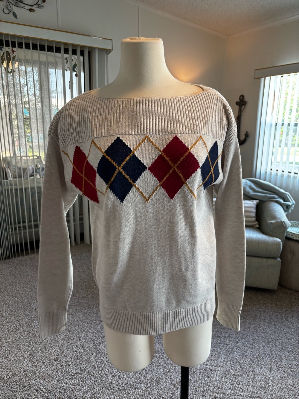GAP Cream Crewneck Sweater with Red, Navy & Gold Argyle